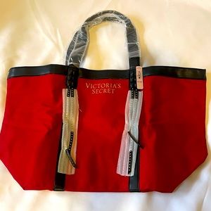 Victoria Secret Pink: Red/Black Canvas Carry Bag w/faux leather straps NWT